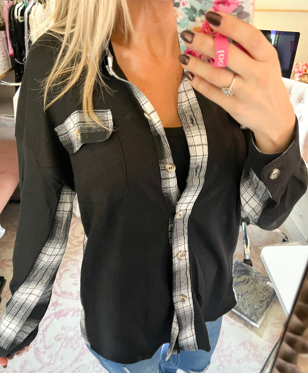 PREORDER Button Down Ribbed Top with Plaid Detail