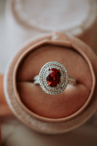 PREORDER Kate Ruby Oval Halo Sterling Silver Ring