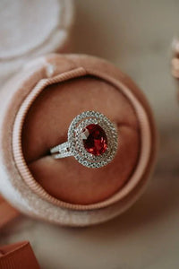 PREORDER Kate Ruby Oval Halo Sterling Silver Ring